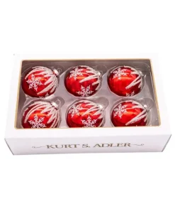 Boutique de Noël Christmas Classics*Box Of 6 Red Glass Jewelled Glass Balls, Snowflake Design 80Mm
