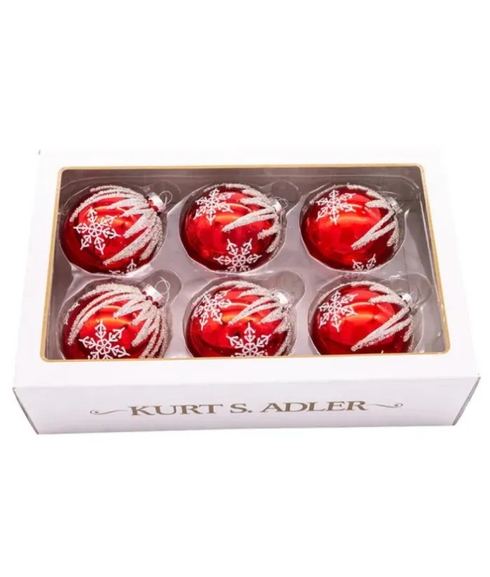 Boutique de Noël Winter Wonderland*Box Of 6 Red Glass Jewelled Glass Balls, Snowflake Design 80Mm