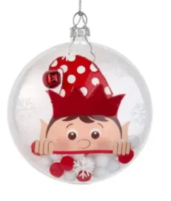 Boutique de Noël Miscellaneous*Clear Glass Ornament With Elf Motif And Snow Ball Filling, 4" Large