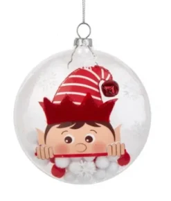 Boutique de Noël Christmas Classics*Clear Glass Ornament With Elf Motif And Snow Ball Filling, 4" Large