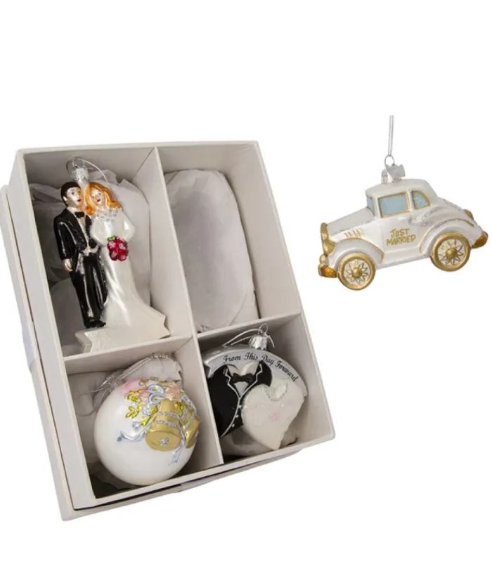 Boutique de Noël Wedding*Commemorative Marriage Set Of 4 Glass Tree Decorations