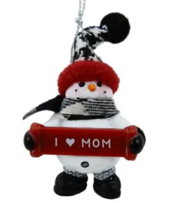 Boutique de Noël Rustic*Cozy Snowman With Banner Message "I Love Mom" Ornament