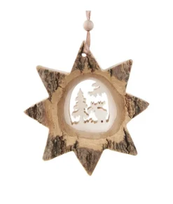 Boutique de Noël Enchanted Forest*German Wood, Ornament, 8 Pointed Star Shape With Moose