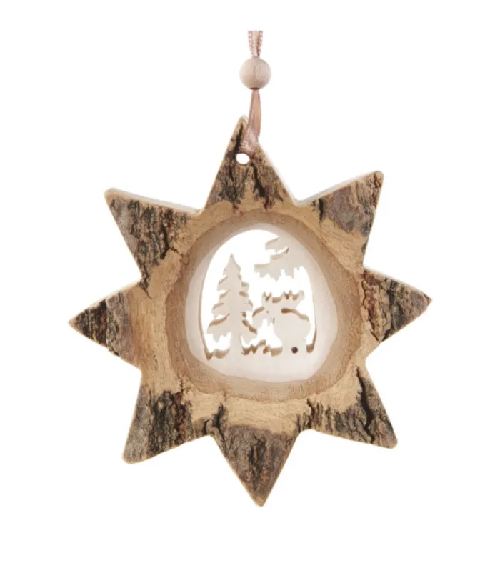 Boutique de Noël Enchanted Forest*German Wood, Ornament, 8 Pointed Star Shape With Moose