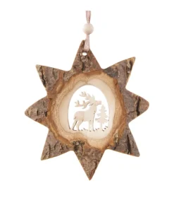 Boutique de Noël Rustic*German Wood, Ornament, 8 Pointed Star Shape With Stag In Forest, Carved In Centre, 10Cm