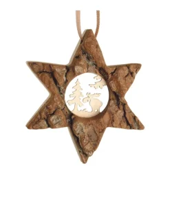 Boutique de Noël Rustic*German Wood, Ornament, Star Shape With Carved Moose