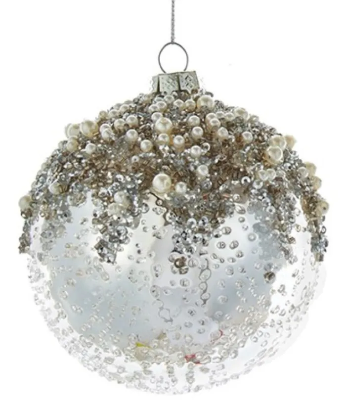Boutique de Noël Winter Wonderland*Glass Ball Ornament, Silver And Ice Spangling, With Fake Pearls