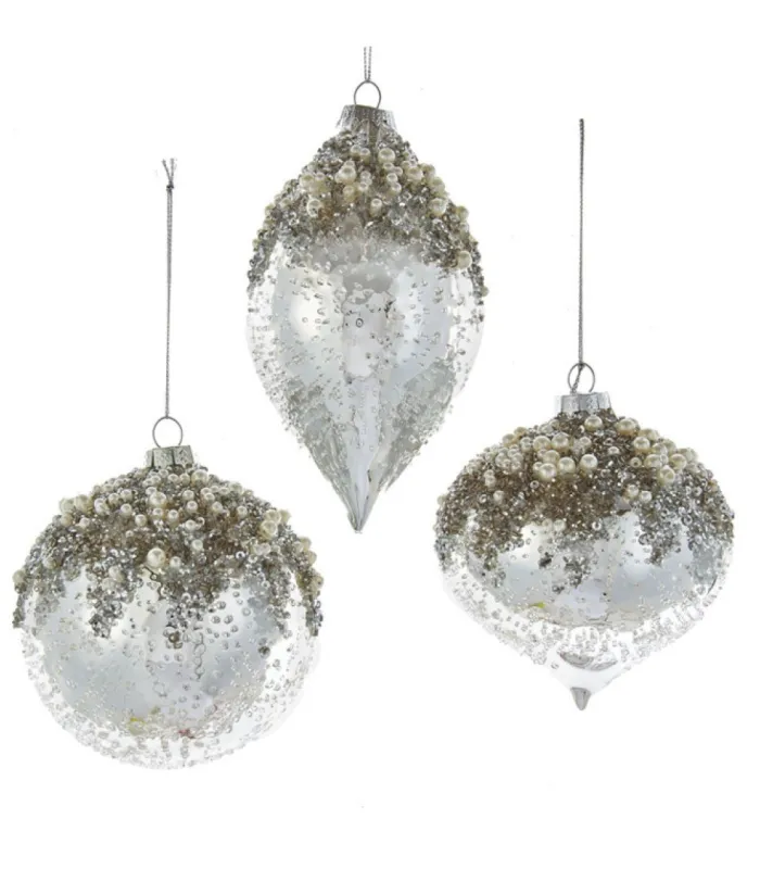 Boutique de Noël Winter Wonderland*Glass Ball Ornament, Silver And Ice Spangling, With Fake Pearls