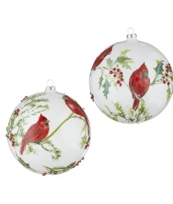 Boutique de Noël Birds & Owls*Glass Ball Ornament, With Cardinals On Holly Branch, 6