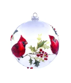 Boutique de Noël Enchanted Forest*Glass Ball Ornament, With Cardinals On Holly Branch, 6"