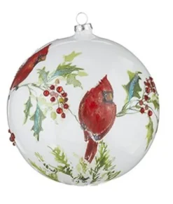Boutique de Noël Enchanted Forest*Glass Ball Ornament, With Cardinals On Holly Branch, 6"