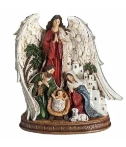 Boutique de Noël Religion*Holy Family With Angel And Town Of Bethlehem Figurine, 9" Tall