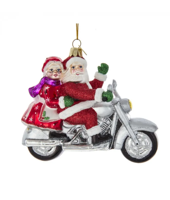 Boutique de Noël Varied Shapes*Mr And Mrs Santa On Cruiser Motorcycle, Glass Ornament