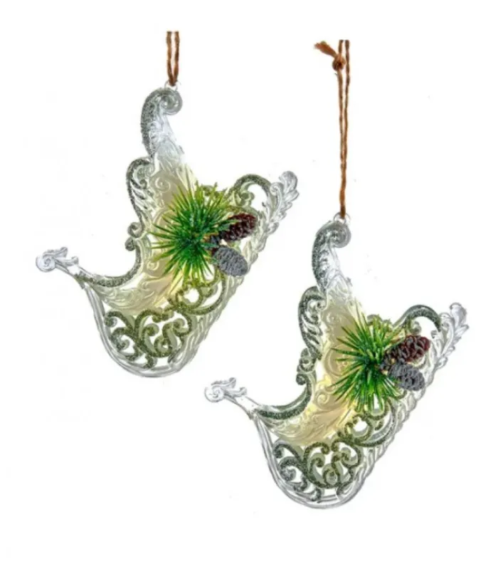 Boutique de Noël Christmas Classics*Ornament, Clear Acrylic, Sled With Pine Cone And Needles Trimming