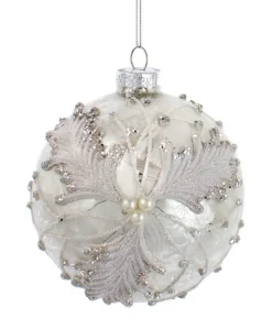 Boutique de Noël Miscellaneous*Ornament, Frosted 100Mm Ball, With Ornate Oak Leaves And Pearl Like Decoration