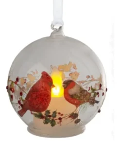 Boutique de Noël Usb & Led*Ornament, Glass Ball, Illuminated By Led, Cardinal On Holly Design