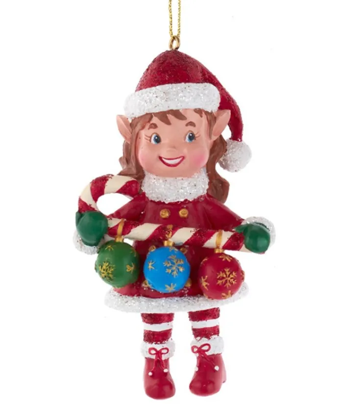 Boutique de Noël Santa'S Workshop*Ornament, "Red Hat", Miss Elf With Decorated Candy Cane