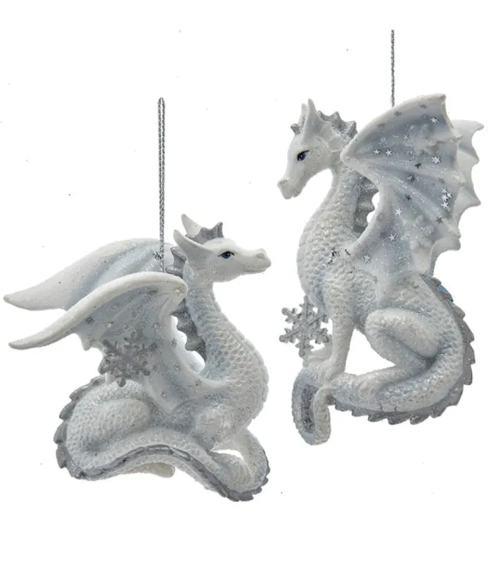 Boutique de Noël Winter Wonderland*Ornament, Silver And White Spangled Dragon, Resting