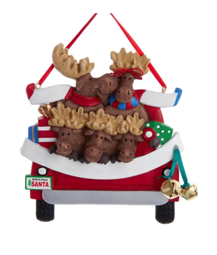 Boutique de Noël Farm House & Western*Ornament With Bells, Red Pickup Truck With Moose Family And Xmas Tree