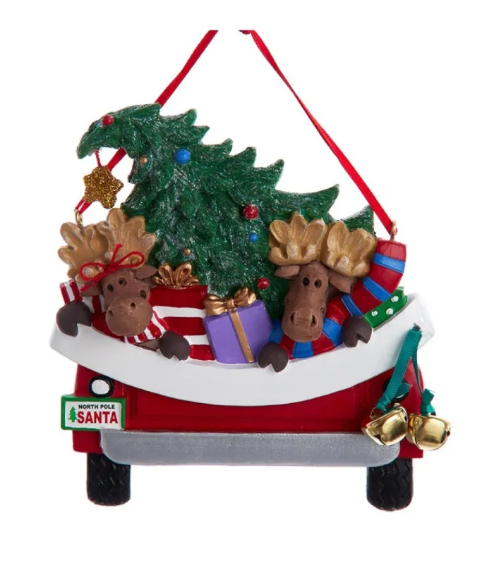 Boutique de Noël Enchanted Forest*Ornament With Bells, Red Pickup Truck With Moose And Xmas Tree