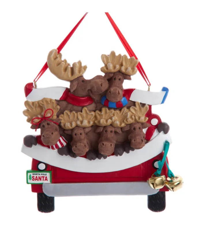 Boutique de Noël Farm House & Western*Ornament With Bells, Red Pickup Truck With Moose Family And Xmas Tree