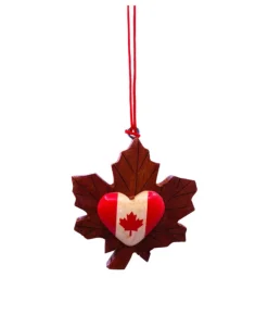 Boutique de Noël Rustic*Ornament, Wooden Maple Leaf With Heart Shaped Canada Flag