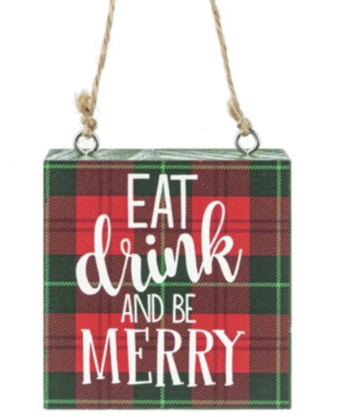 Boutique de Noël Mom'S Kitchen & Bakery*Ornament, Wooden Plaque, With Message "Eat, Drink And Be Merry"