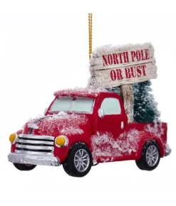 Boutique de Noël Santa'S Workshop*Red Truck With ''North Pole Or Bust'' Sign Ornament