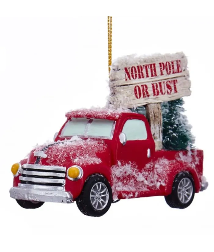 Boutique de Noël Santa'S Workshop*Red Truck With ''North Pole Or Bust'' Sign Ornament