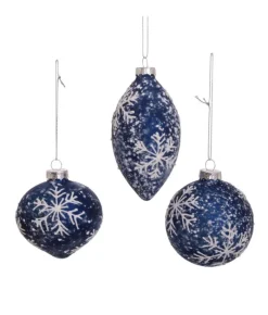 Boutique de Noël Winter Wonderland*Round, Onion And Filial Blue Glass Balls, With Snowflake Decoration, 80Mm, Box Of 3