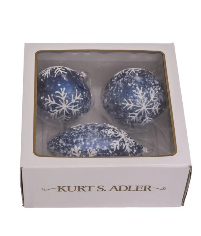 Boutique de Noël Winter Wonderland*Round, Onion And Filial Blue Glass Balls, With Snowflake Decoration, 80Mm, Box Of 3