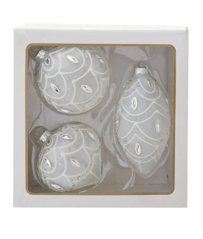 Boutique de Noël Glass Ball Boxes*Round, Onion And Filial White Glass Balls, 80Mm, Box Of 3